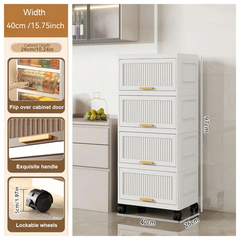 Flip Open Storage Box with Wheels – Movable Storage Cabinet & Kitchen Shelf, White