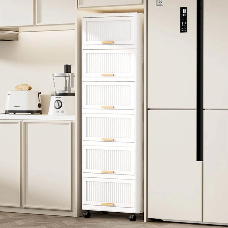 Flip Open Storage Box with Wheels – Movable Storage Cabinet & Kitchen Shelf, White