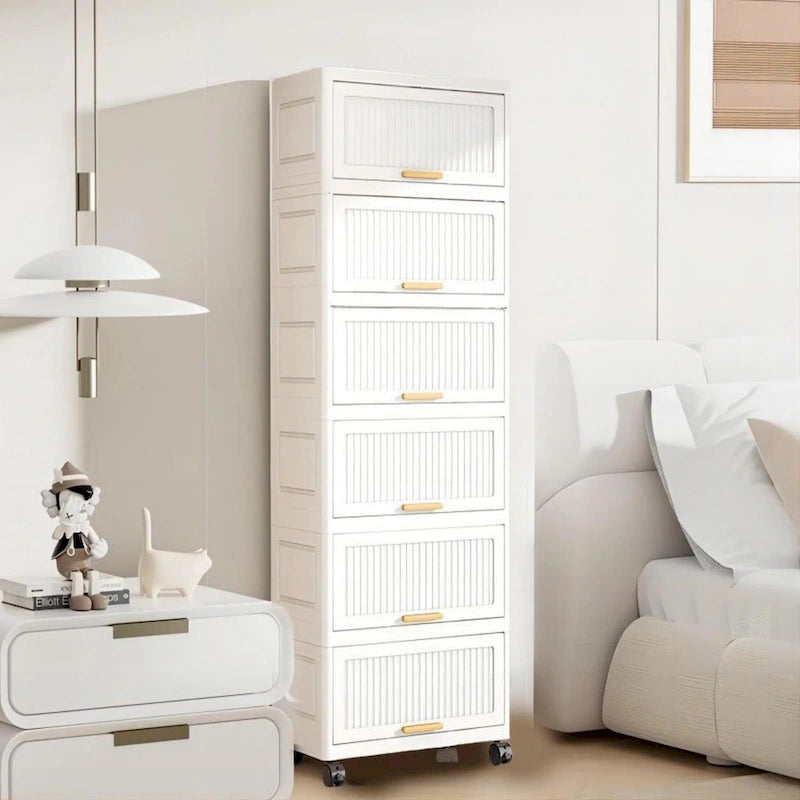 Flip Open Storage Box with Wheels – Movable Storage Cabinet & Kitchen Shelf, White
