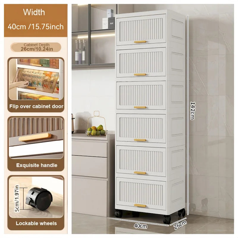 Flip Open Storage Box with Wheels – Movable Storage Cabinet & Kitchen Shelf, White