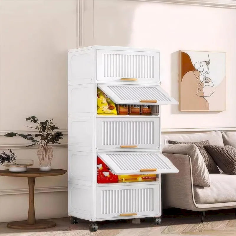 Flip Open Storage Box with Wheels – Movable Storage Cabinet & Kitchen Shelf, White