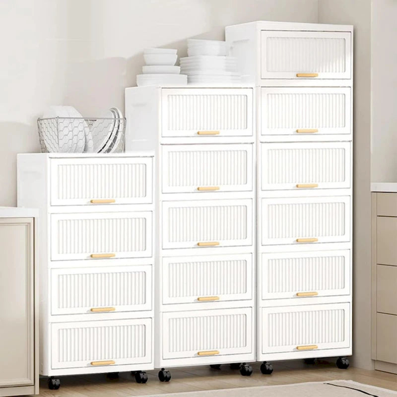 Flip Open Storage Box with Wheels – Movable Storage Cabinet & Kitchen Shelf, White