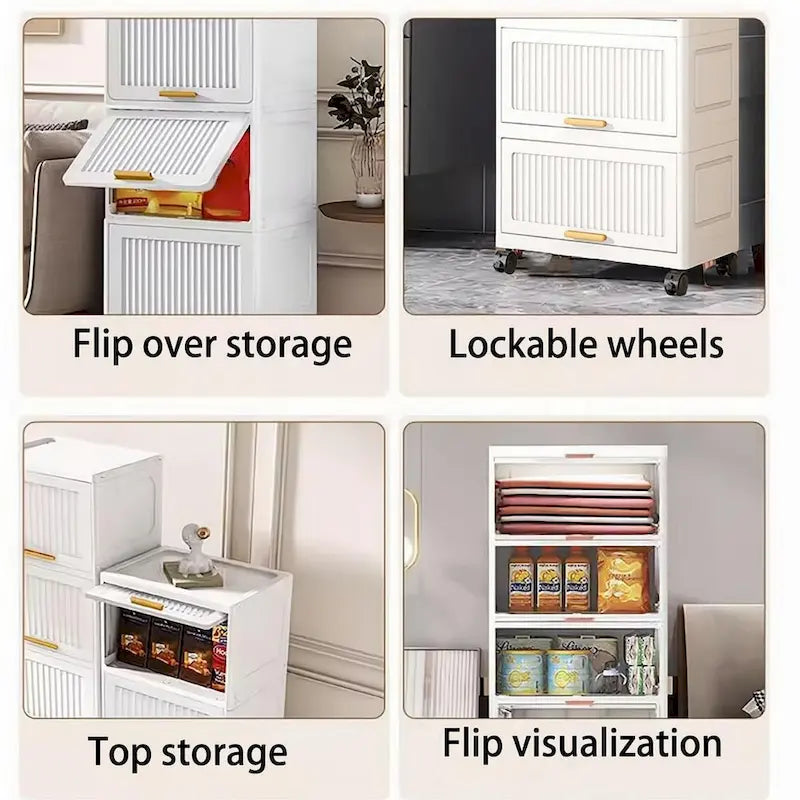 Flip Open Storage Box with Wheels – Movable Storage Cabinet & Kitchen Shelf, White