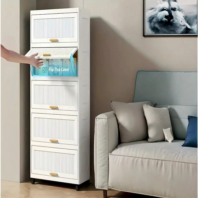 Flip Open Storage Box with Wheels – Movable Storage Cabinet & Kitchen Shelf, White