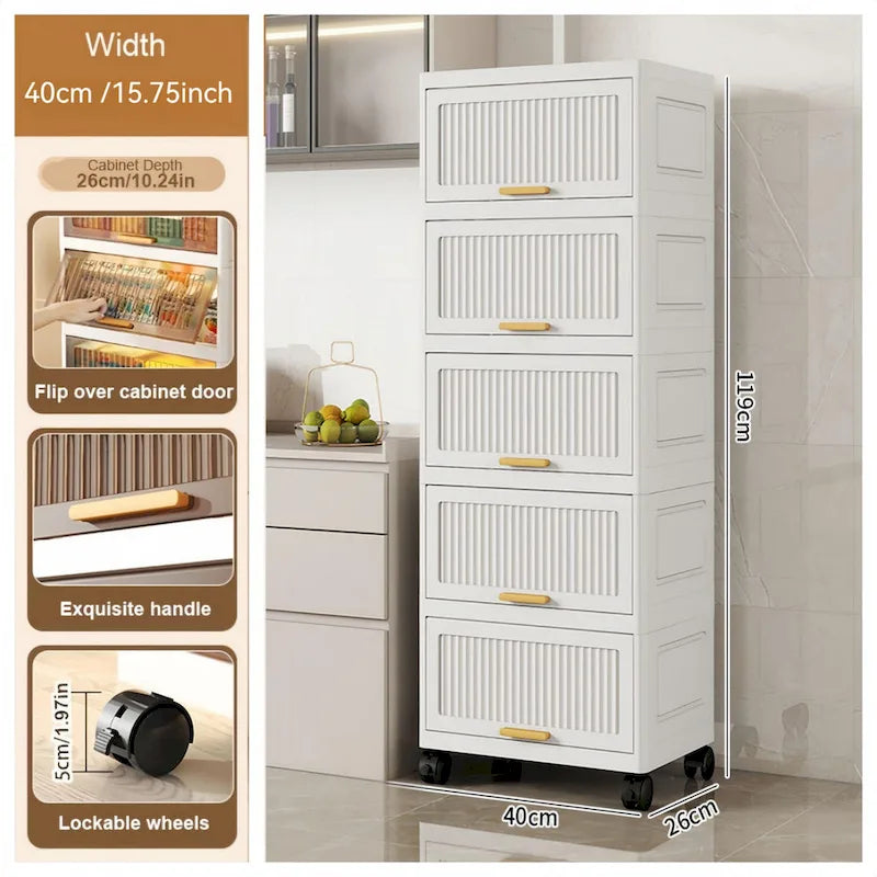Flip Open Storage Box with Wheels – Movable Storage Cabinet & Kitchen Shelf, White