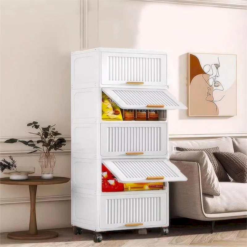 Flip Open Storage Box with Wheels – Movable Storage Cabinet & Kitchen Shelf, White