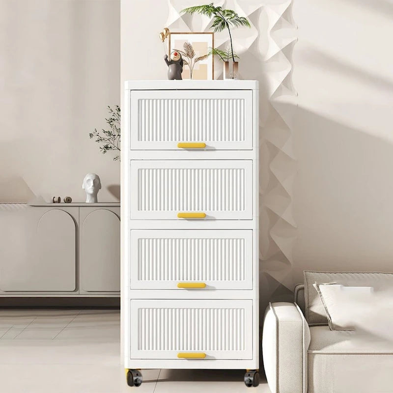Flip Open Storage Box with Wheels – Movable Storage Cabinet & Kitchen Shelf, White