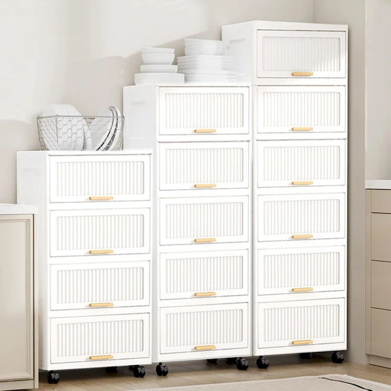 Flip Open Storage Box with Wheels – Movable Storage Cabinet & Kitchen Shelf, White
