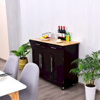 Carrello isola da cucina con piano in legno e mobile contenitore con ruote