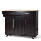 Carrello isola da cucina con piano in legno e mobile contenitore con ruote