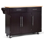 Carrello isola da cucina con piano in legno e mobile contenitore con ruote