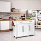 Carrello isola da cucina con piano in legno e mobile contenitore con ruote