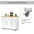 Carrello isola da cucina con piano in legno e mobile contenitore con ruote