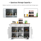 Carrello isola da cucina con piano in legno e mobile contenitore con ruote