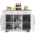 Carrello isola da cucina con piano in legno e mobile contenitore con ruote