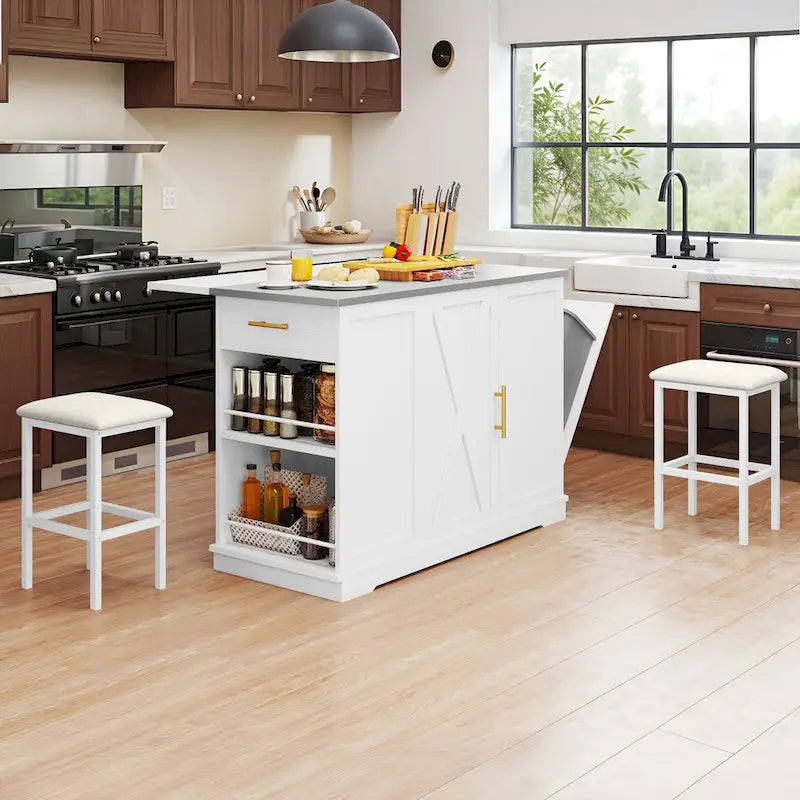 Rolling Kitchen Island with Trash Can Storage Cabinet and 2 Bar Stools