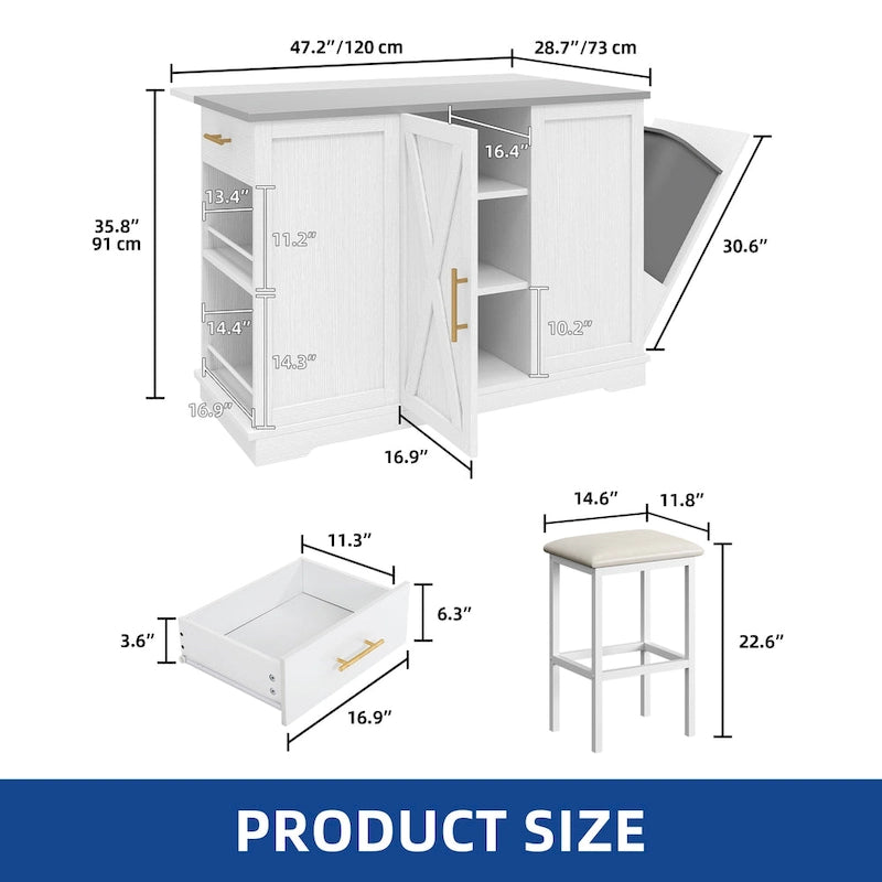Rolling Kitchen Island with Trash Can Storage Cabinet and 2 Bar Stools