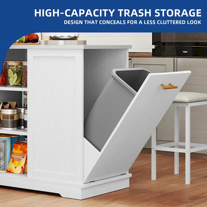 Rolling Kitchen Island with Trash Can Storage Cabinet and 2 Bar Stools