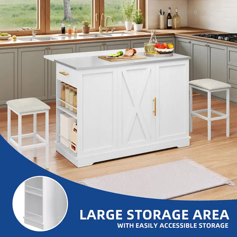 Rolling Kitchen Island with Trash Can Storage Cabinet and 2 Bar Stools