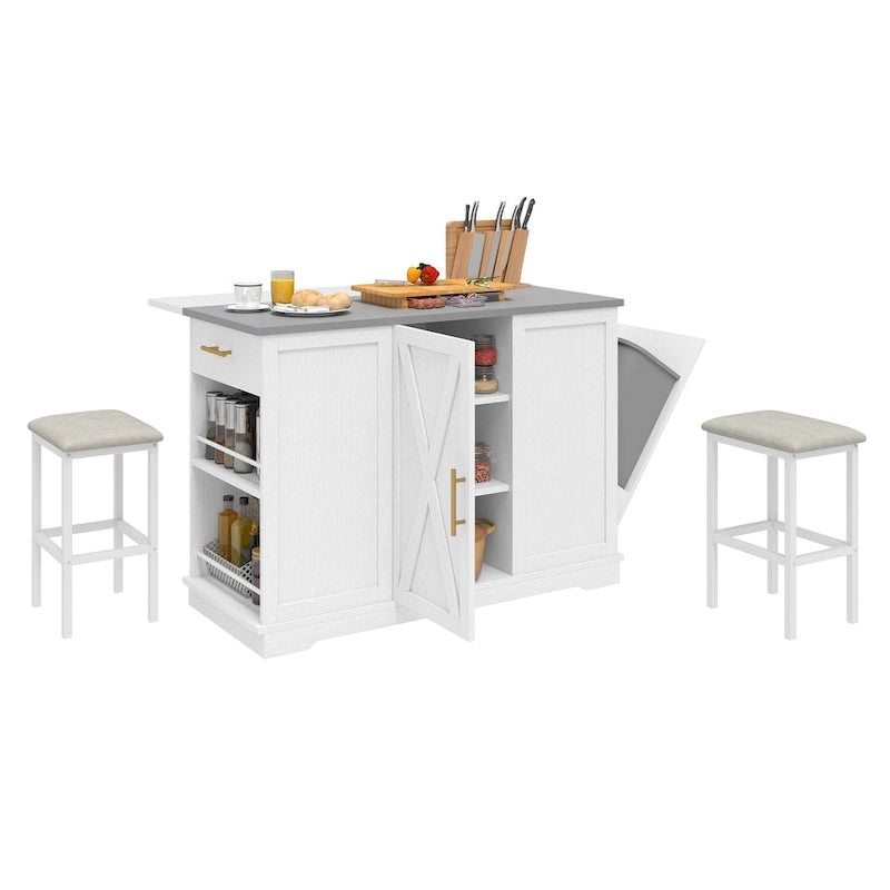Rolling Kitchen Island with Trash Can Storage Cabinet and 2 Bar Stools