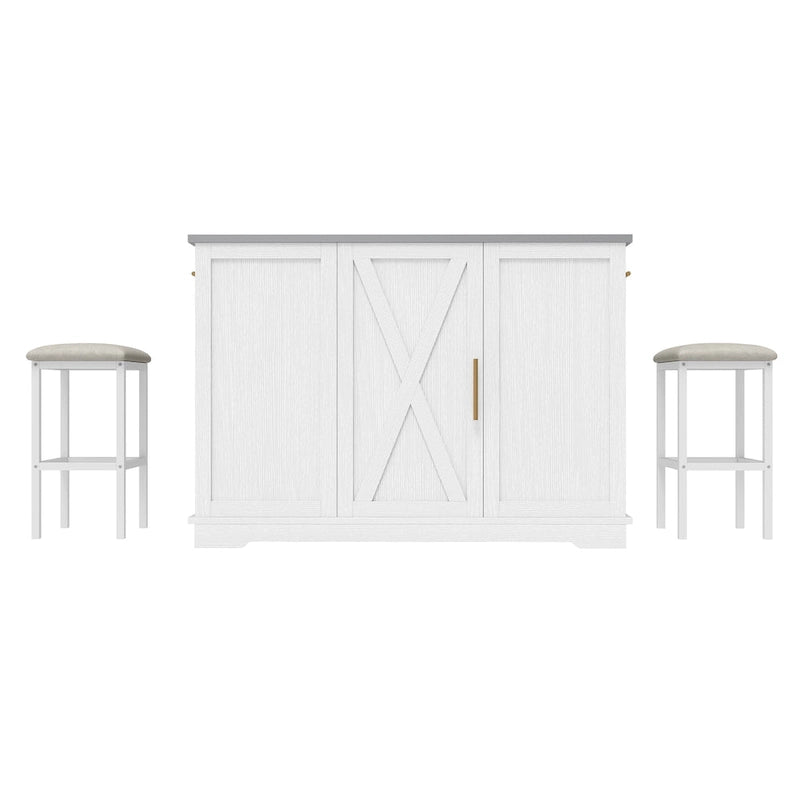 Rolling Kitchen Island with Trash Can Storage Cabinet and 2 Bar Stools