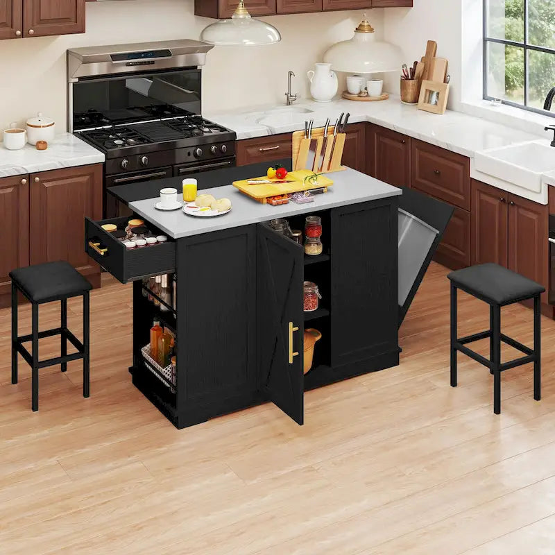 Rolling Kitchen Island with Trash Can Storage Cabinet and 2 Bar Stools