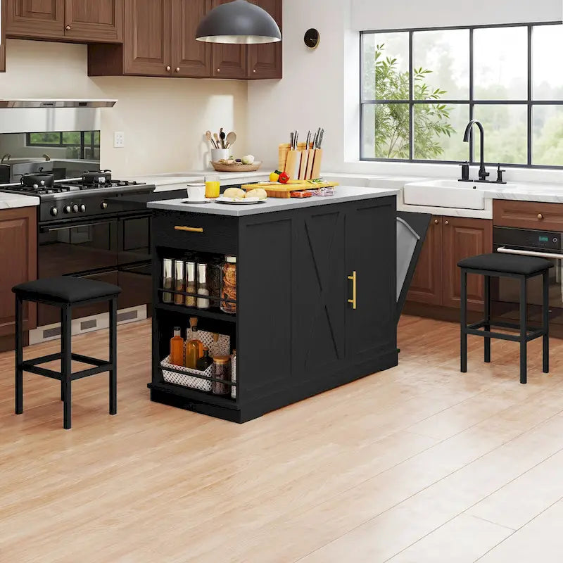 Rolling Kitchen Island with Trash Can Storage Cabinet and 2 Bar Stools
