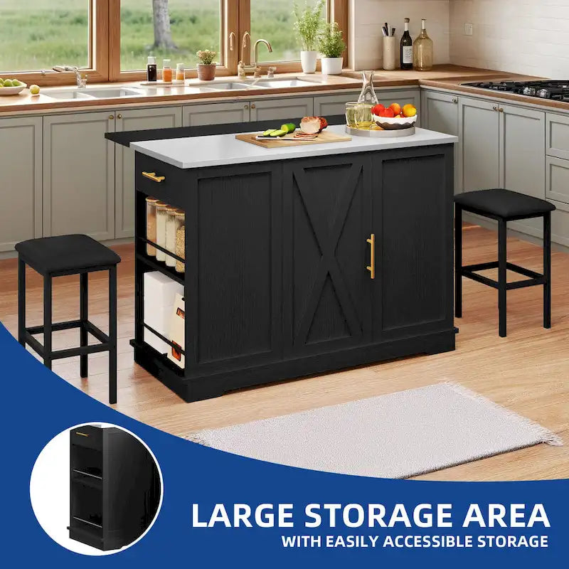 Rolling Kitchen Island with Trash Can Storage Cabinet and 2 Bar Stools