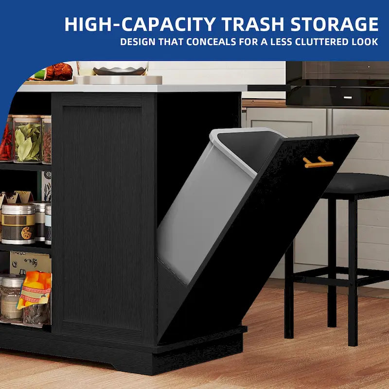 Rolling Kitchen Island with Trash Can Storage Cabinet and 2 Bar Stools