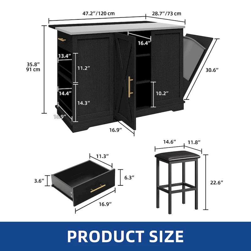 Rolling Kitchen Island with Trash Can Storage Cabinet and 2 Bar Stools