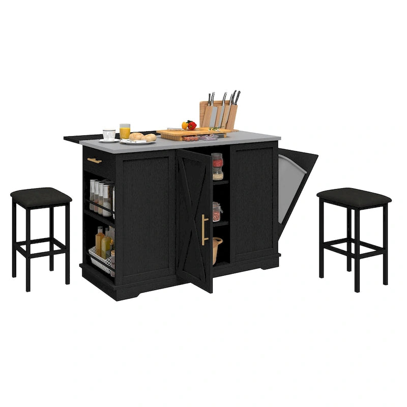 Rolling Kitchen Island with Trash Can Storage Cabinet and 2 Bar Stools