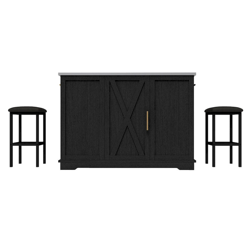 Rolling Kitchen Island with Trash Can Storage Cabinet and 2 Bar Stools