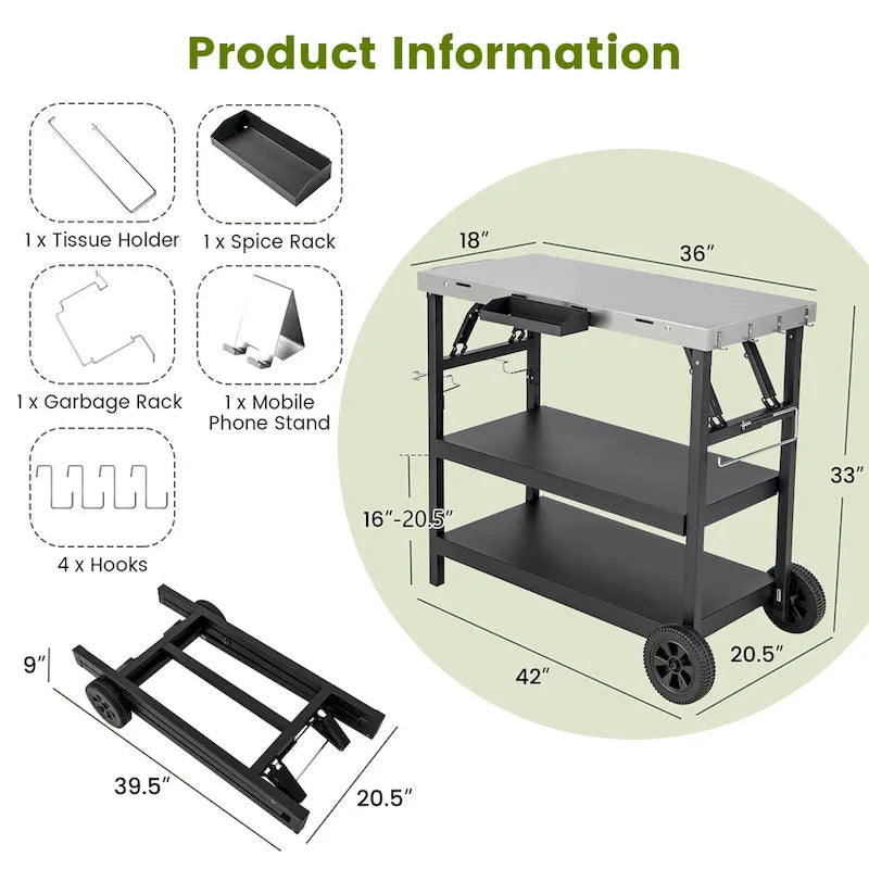 3-Shelf Movable Outdoor Grill Cart with Storage