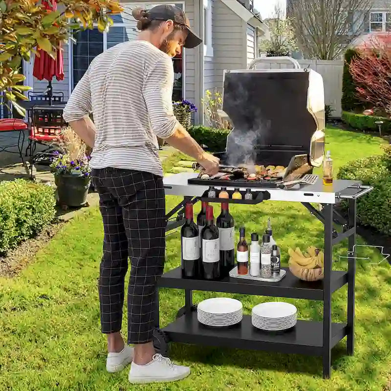 3-Shelf Movable Outdoor Grill Cart with Storage