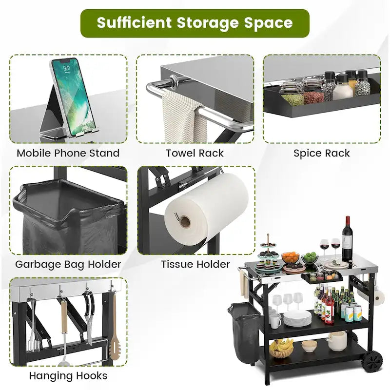 3-Shelf Movable Outdoor Grill Cart with Storage