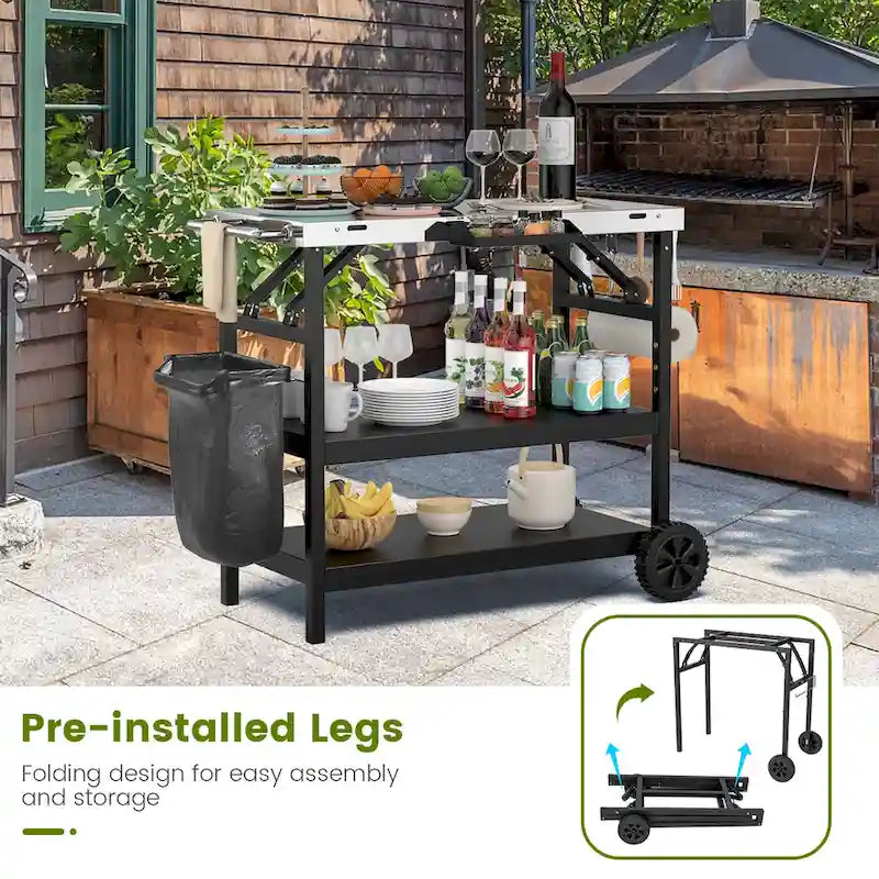 3-Shelf Movable Outdoor Grill Cart with Storage