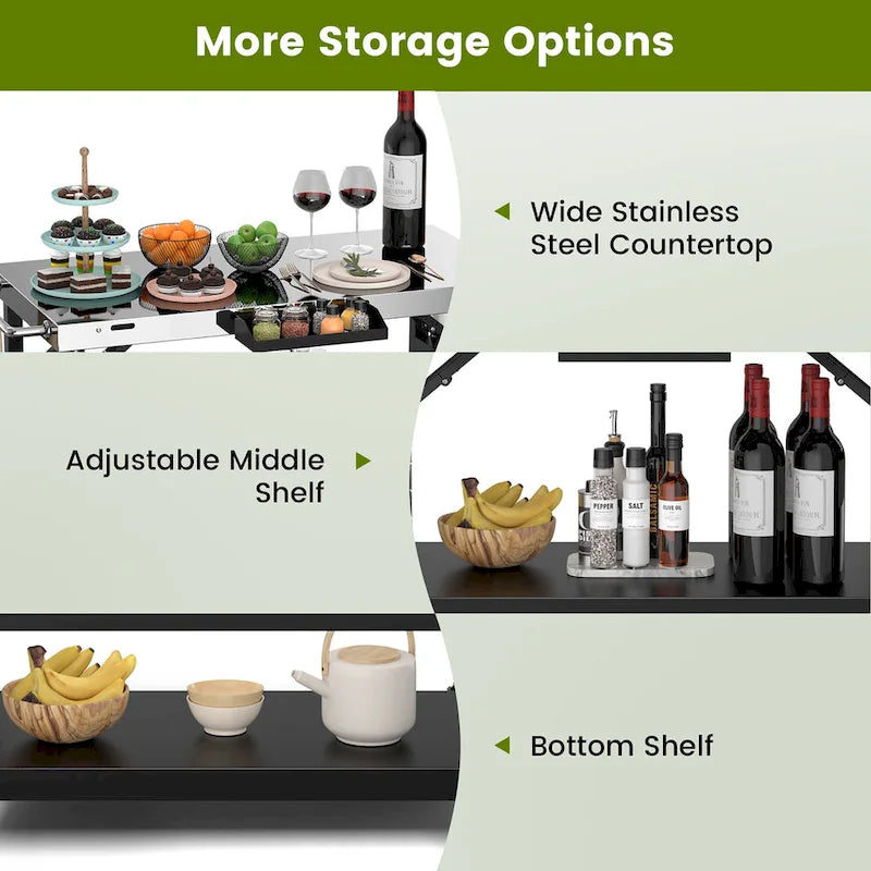 3-Shelf Movable Outdoor Grill Cart with Storage