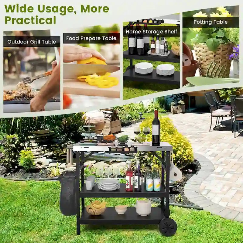 3-Shelf Movable Outdoor Grill Cart with Storage