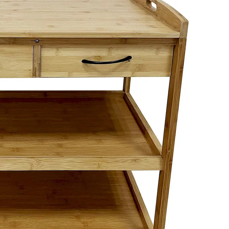Kitchen Bar Cart, 2 Drawers, 2 Shelves, Brown Bamboo, Rolling Wheels