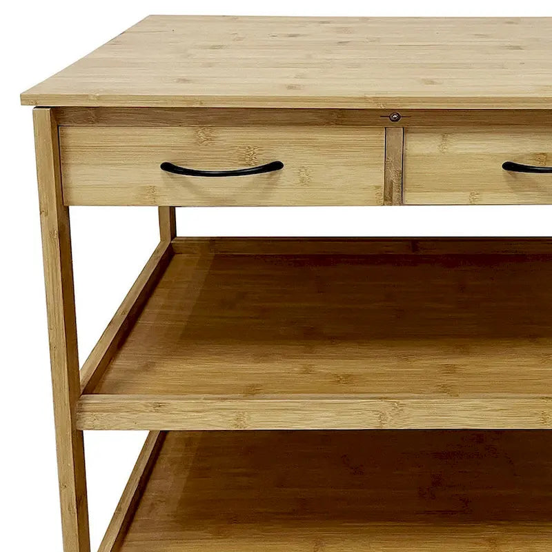 Kitchen Bar Cart, 2 Drawers, 2 Shelves, Brown Bamboo, Rolling Wheels