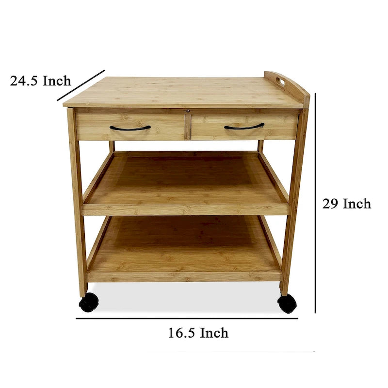 Kitchen Bar Cart, 2 Drawers, 2 Shelves, Brown Bamboo, Rolling Wheels