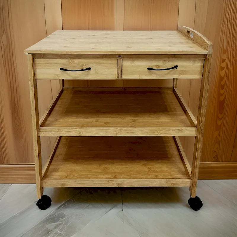 Kitchen Bar Cart, 2 Drawers, 2 Shelves, Brown Bamboo, Rolling Wheels