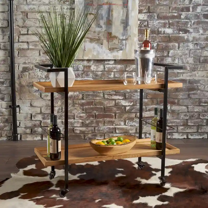 Rolling Bar Cart with Wood Look Shelving, Handle & Lockable Casters