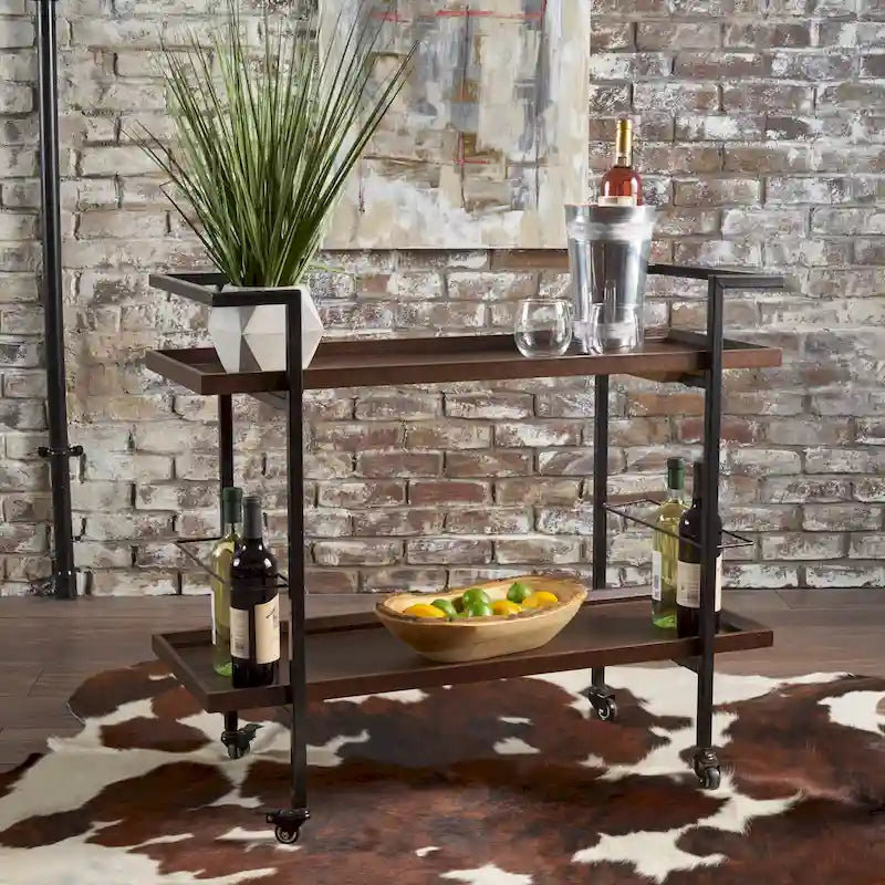 Rolling Bar Cart with Wood Look Shelving, Handle & Lockable Casters