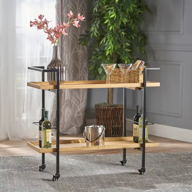 Rolling Bar Cart with Wood Look Shelving, Handle & Lockable Casters