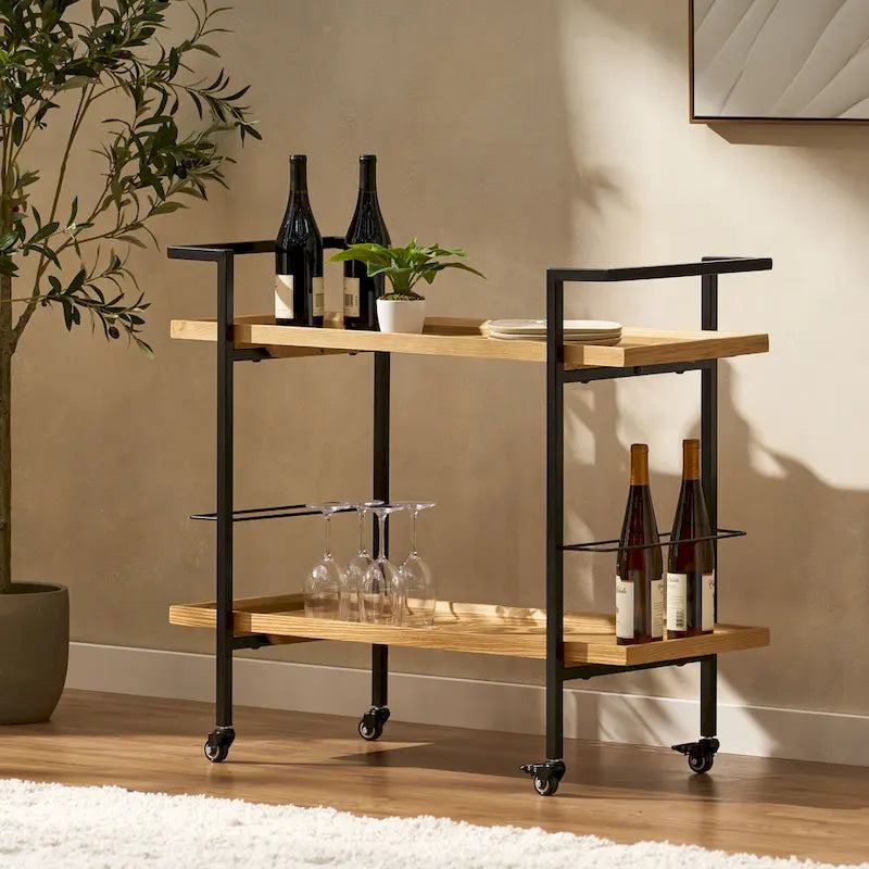 Rolling Bar Cart with Wood Look Shelving, Handle & Lockable Casters