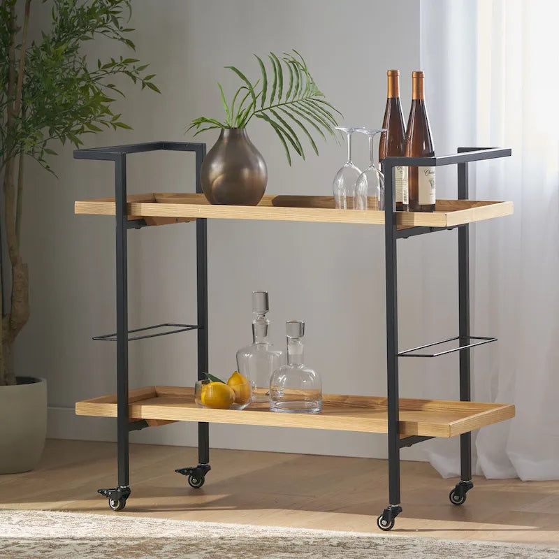 Rolling Bar Cart with Wood Look Shelving, Handle & Lockable Casters