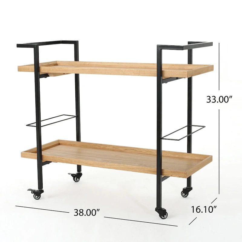 Rolling Bar Cart with Wood Look Shelving, Handle & Lockable Casters