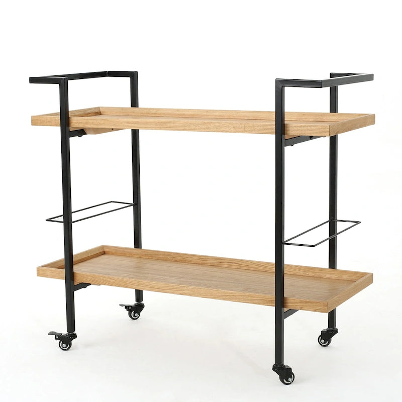 Rolling Bar Cart with Wood Look Shelving, Handle & Lockable Casters