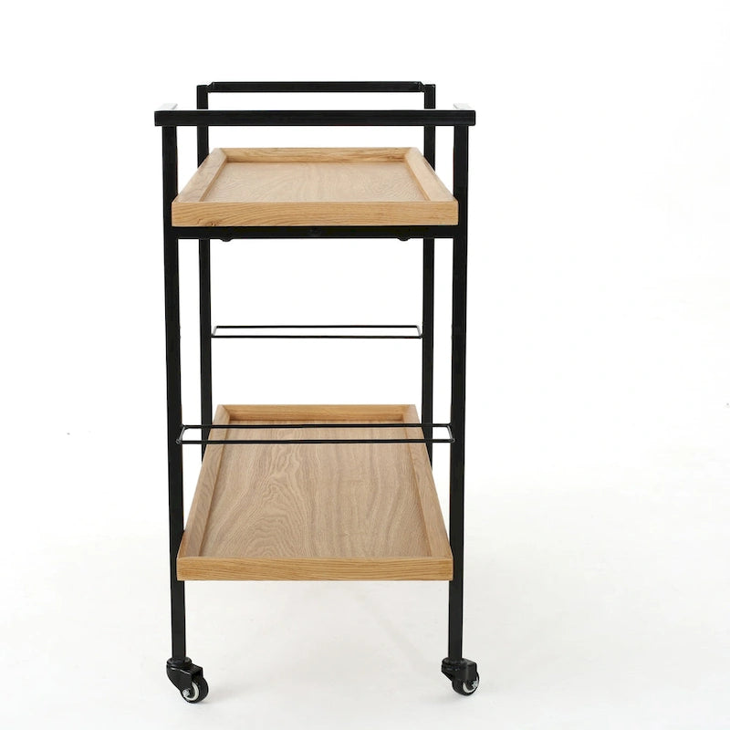 Rolling Bar Cart with Wood Look Shelving, Handle & Lockable Casters
